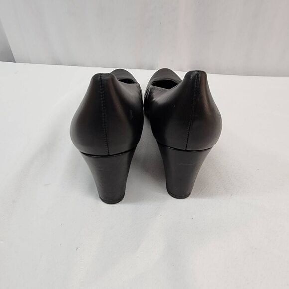 Stuart Weitzman Size 8 Black Leather Women's Wedge Slip On Almond Toe Heel Pumps - Picture 4 of 10